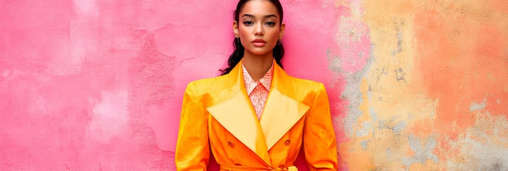 An elegant and sophisticated model  wearing a ready-to-wear collection in a vibrant pop art probabilistic color palette.Ai generative.