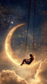 Sitting and hustling on the Crescent Moon girl, in the background the night sky full of stars. AI generative.
