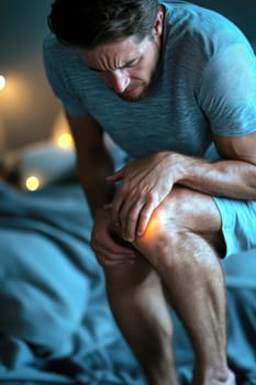 Digital composite of highlighted knee of a man with knee pain. AI generative.