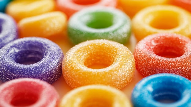 Close-up view of sugar coated colourful gummy rings. AI generated
