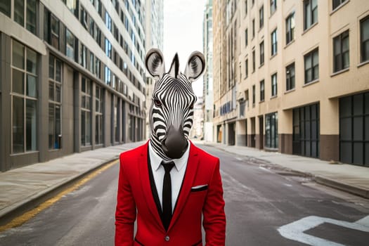 A zebra in a red suit standing on empty street. AI generated