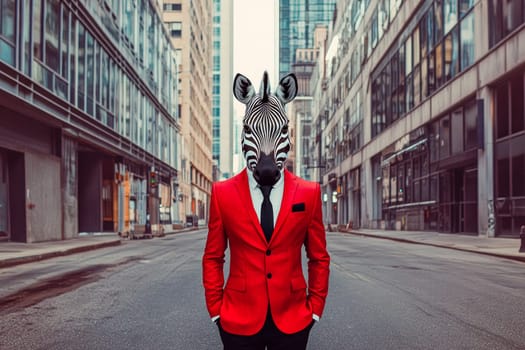 A zebra in a red suit standing on a street. AI generated