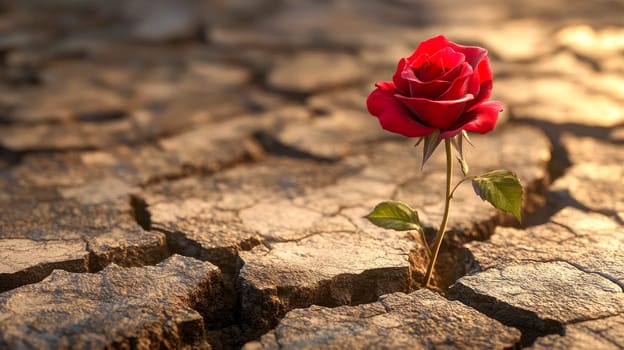 A single red rose flower growing through cracks in the clay. AI generated