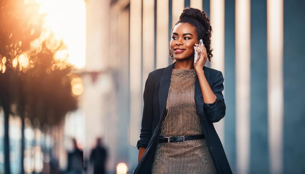 gorgeous elegant business woman talking on mobile phone, AI generated image