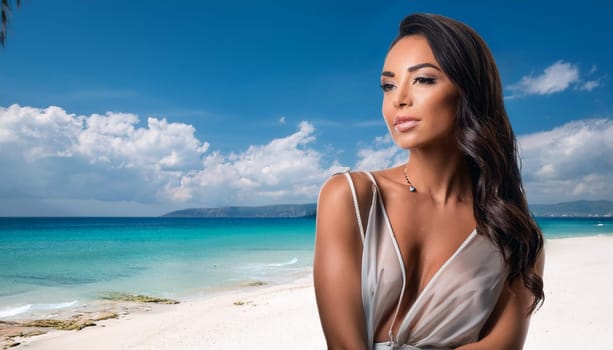 gorgeous young woman on a tropical beach, AI generated image