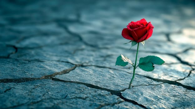 A red rose flower growing through cracks in the clay. AI generated