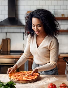 pretty young woman preparing pizza, AI generated image