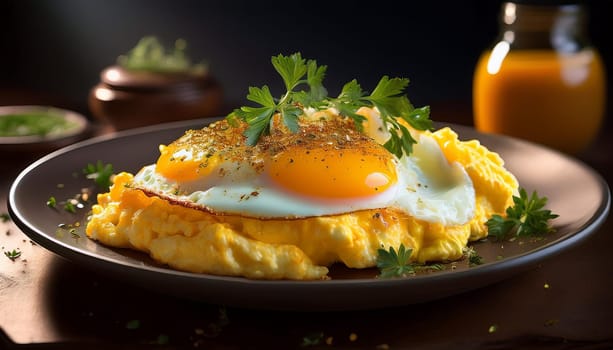 scrambled egg with fried egg on top, AI generated image
