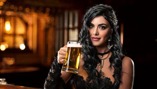 gorgeous young goth woman drinking beer in a pub, AI generated image