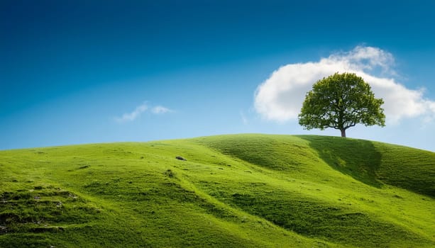 single tree on green hill top, AI generated image