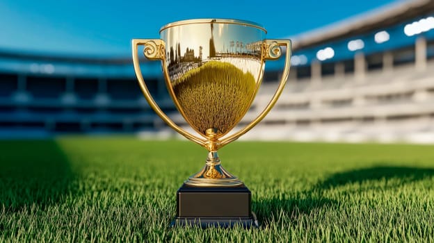 A golden trophy cup on empty stadium grass. AI generated