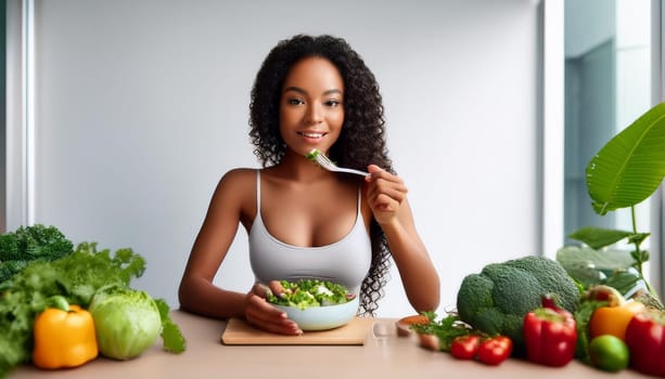 gorgeous young woman eating healthy vegetarian food, AI generated image