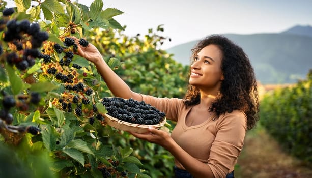 gorgeous young woman picking blackberries, AI generated image
