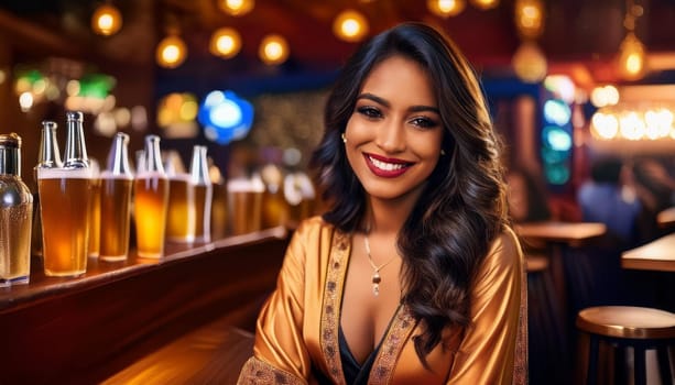 gorgeous indian woman at british pub, AI generated image