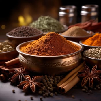 many hot indian spices including curry and curcuma, AI generated image