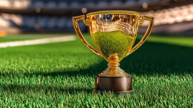A golden trophy cup on a green grass of empty stadium. AI generated