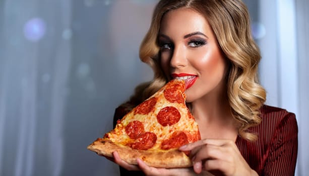 gorgeous young woman eating pizza margherita, AI generated image