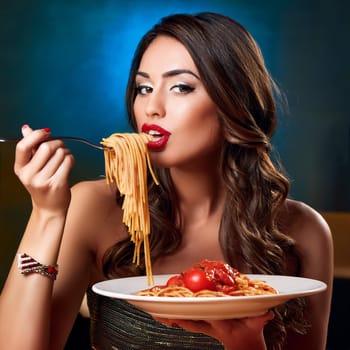 gorgeous young woman eating spaghetti al pomodoro, AI generated image