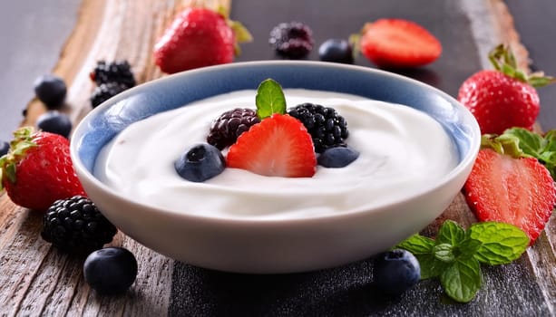 white yogurt with blueberries and strawberries, AI generated image