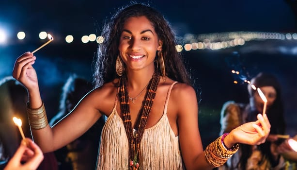 gorgeous young hippy woman at a concert, AI generated image