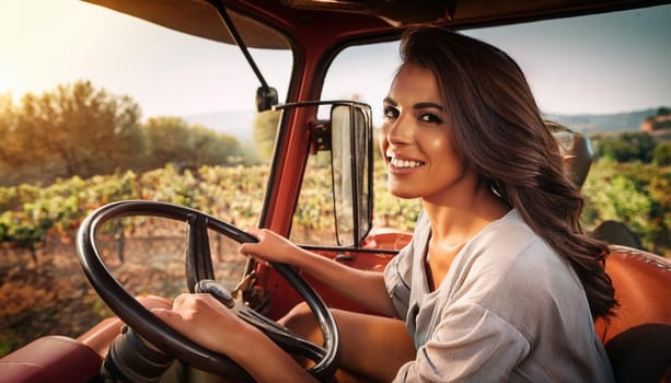 gorgeous young woman driving a tractor, AI generated image