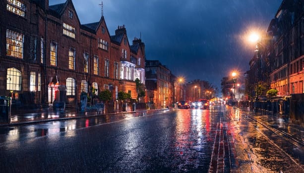 urban scene at night with rain, AI generated image