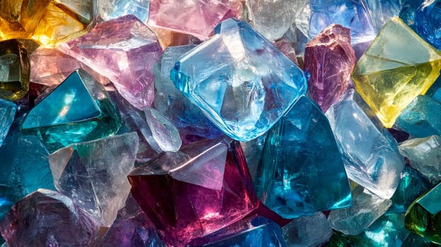 A pile of  glass crystals in various shapes and colors. AI generated