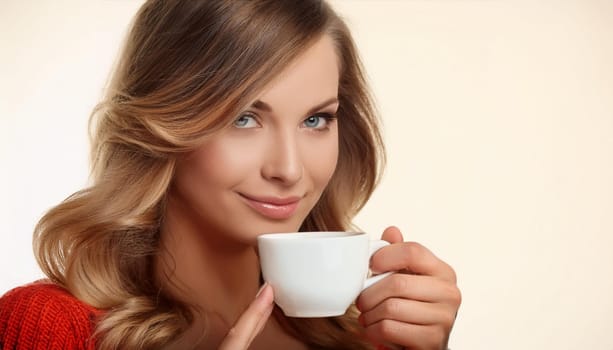 gorgeous young woman drinking coffee, AI generated image