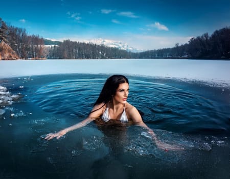 gorgeous young woman swimming in iced lake, AI generated image