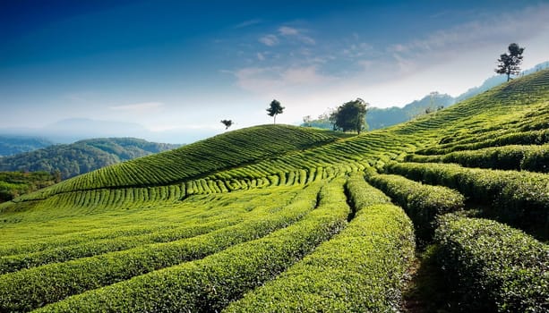 field of tea plants, AI generated image