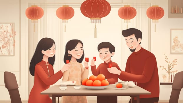 Family celebrating Chinese Happy New Year festival at table at home, restaurant. Neatly hung illuminated paper red lanterns. Happiness, luck and prosper. Banner, postcard, greeting card. Tangerines