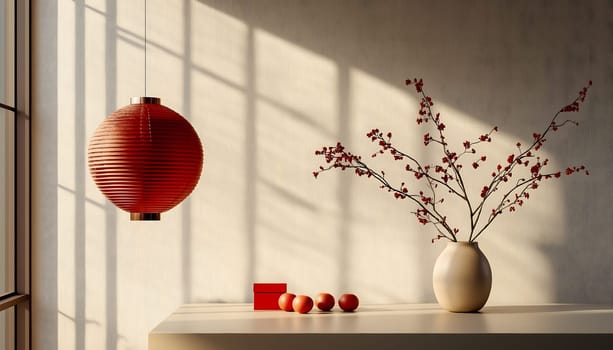 Chinese neatly hung illuminated paper red lanterns in the night of Chinese Happy New Year festival of happiness. Banner, postcard