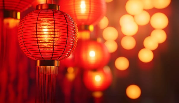 Illuminated, highlighted Chinese neatly hung paper red golden lanterns in the night of Chinese Happy New Year festival of happiness. Banner, postcard, wallpaper. Greeting gift card