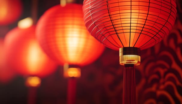 Illuminated, highlighted Chinese neatly hung paper red golden lanterns in the night of Chinese Happy New Year festival of happiness. Banner, postcard, wallpaper. Greeting gift card