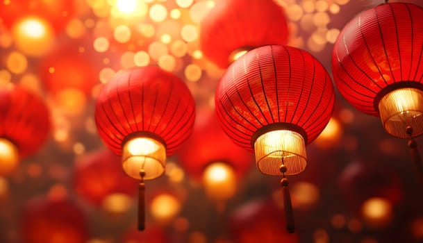 Illuminated, highlighted Chinese neatly hung paper red golden lanterns in the night of Chinese Happy New Year festival of happiness. Banner, postcard, wallpaper. Greeting gift card