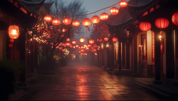Chinese neatly hung illuminated paper red lanterns in the night of Chinese Happy New Year festival of happiness. Banner, postcard. Empty street of downtown or city with nobody, no people. Old houses