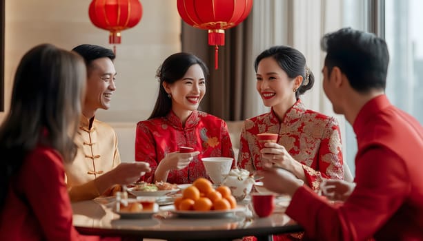 Family celebrating Chinese Happy New Year festival at table at home, restaurant. Neatly hung illuminated paper red lanterns. Happiness, luck and prosper. Banner, postcard, greeting card. Tangerines
