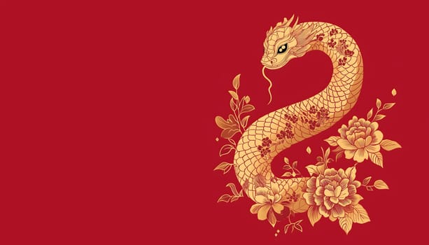 Chinese New Year 2025, year of the Snake, dragon symbol. Chinese zodiac. Red, yellow, golden snake and flowers. Happy New Year festival of happiness. Banner, postcard. Copy space, empty layout