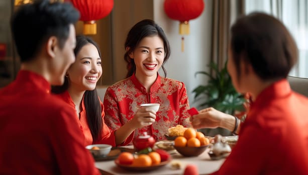 Family celebrating Chinese Happy New Year festival at table at home, restaurant. Neatly hung illuminated paper red lanterns. Happiness, luck and prosper. Banner, postcard, greeting card. Tangerines