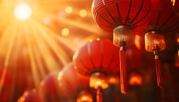 Illuminated, highlighted Chinese neatly hung paper red golden lanterns in the night of Chinese Happy New Year festival of happiness. Banner, postcard, wallpaper. Greeting gift card
