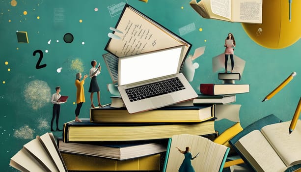 Contemporary abstract art collage picture. Composite artwork image background. Laptop, innovative strategies. Concept of learning, education, university, business, technology, internet. Lecturer woman