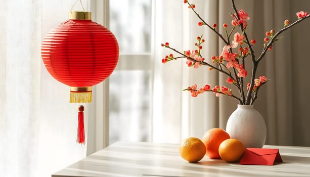 Chinese neatly hung illuminated paper red lanterns in the night of Chinese Happy New Year festival of happiness. Banner, postcard