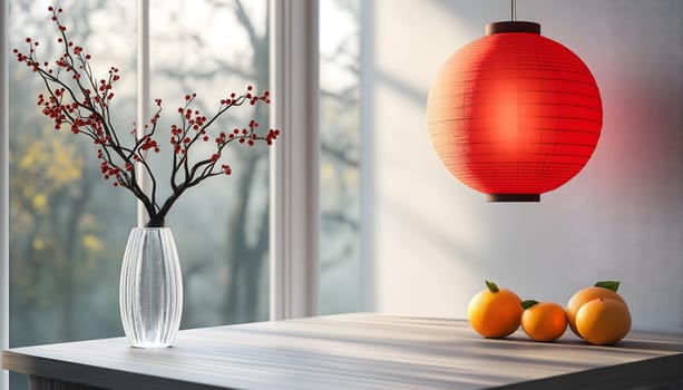 Chinese neatly hung illuminated paper red lanterns in the night of Chinese Happy New Year festival of happiness. Banner, postcard