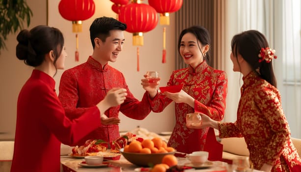 Family celebrating Chinese Happy New Year festival at table at home, restaurant. Neatly hung illuminated paper red lanterns. Happiness, luck and prosper. Banner, postcard, greeting card. Tangerines