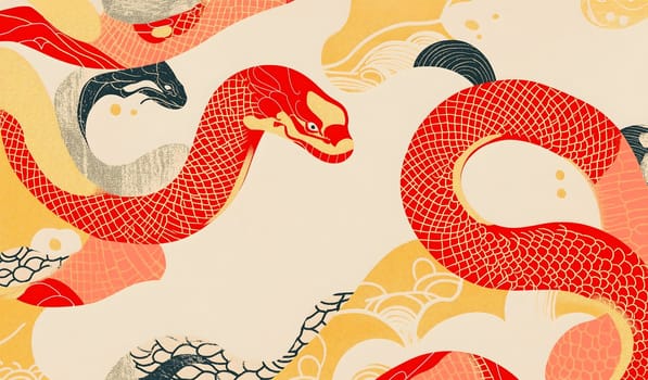 Chinese New Year 2025, year of the Snake, dragon symbol. Chinese zodiac. Red, yellow, golden snake and flowers. Happy New Year festival of happiness. Banner, postcard. Copy space, empty layout