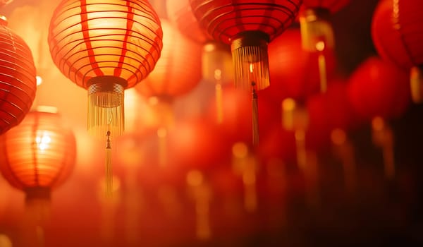 Illuminated, highlighted Chinese neatly hung paper red golden lanterns in the night of Chinese Happy New Year festival of happiness. Banner, postcard, wallpaper. Greeting gift card