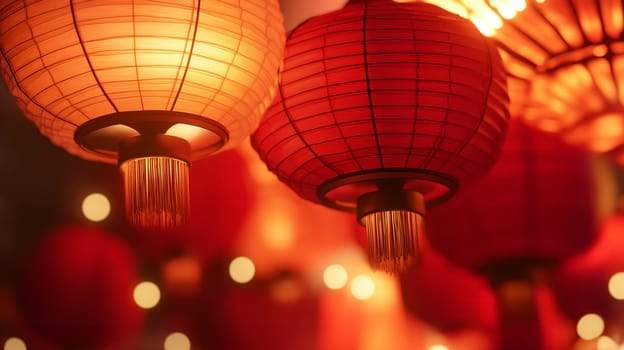 Illuminated, highlighted Chinese neatly hung paper red golden lanterns in the night of Chinese Happy New Year festival of happiness. Banner, postcard, wallpaper. Greeting gift card
