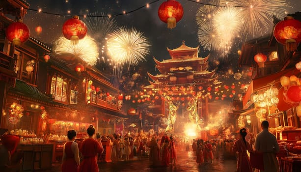 Chinese neatly hung illuminated paper red lanterns in the night of Chinese Happy New Year festival of happiness. Banner, postcard. Downtown street or city with a lot of people celebrating. Old time