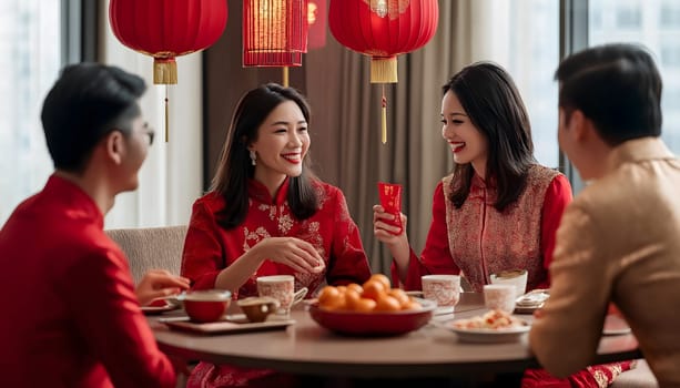 Family celebrating Chinese Happy New Year festival at table at home, restaurant. Neatly hung illuminated paper red lanterns. Happiness, luck and prosper. Banner, postcard, greeting card. Tangerines
