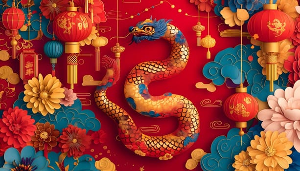 Chinese New Year 2025, year of the Snake, dragon symbol. Chinese zodiac. Red, yellow, golden snake and flowers. Happy New Year festival of happiness. Banner, postcard. Copy space, empty layout